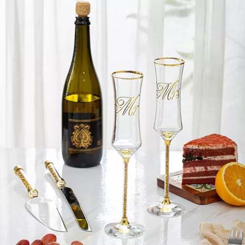 Juego de 2 elegantes copas de champán grabadas para boda, diseño Mr and Mrs  - Vidrio de cristal sin plomo