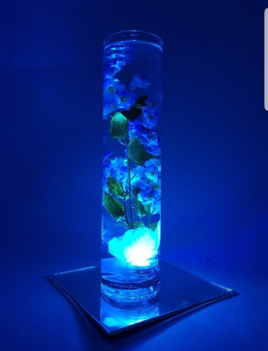 11 Centros De Mesa Led Multicolor Flor Azul Mas Espejo 