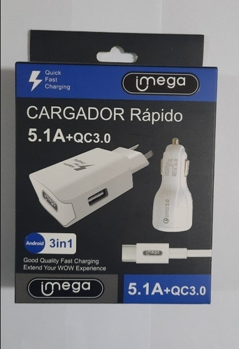 Imega Kit 3 In 1 Cargador V8 Rapido 5.1a +qc3.0 Color Blanco