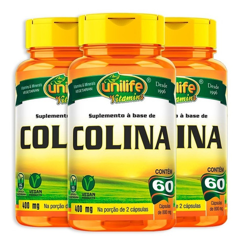 Kit 3 Colina Vitamina B8 60 Cápsulas - Unilife Vitamins