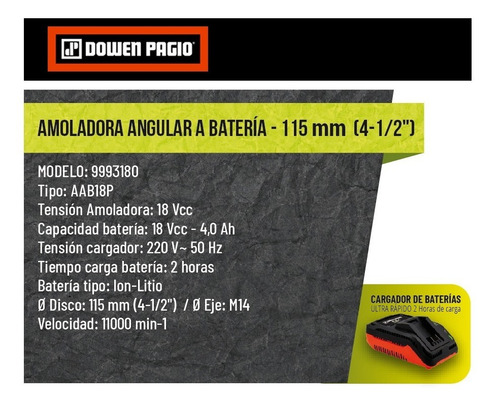Imagen 3 de 6 de Miniamoladora angular inalámbrica Dowen Pagio AAB18P de 50 Hz color naranja 220 V + accesorio