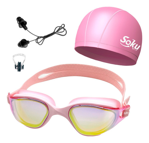Kit Natación Profesional Mujer Hombre Set Lentes Gafas Gorra Color Rosa Soku Classic Pro
