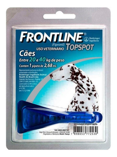 Pipeta antiparasitário para pulga Merial Frontline Top Spot Antipulgas para cão de 20kg a 40kg