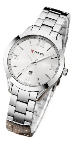 Curren Reloj Dama Elegante Acero Análogo Fechador Plateado .