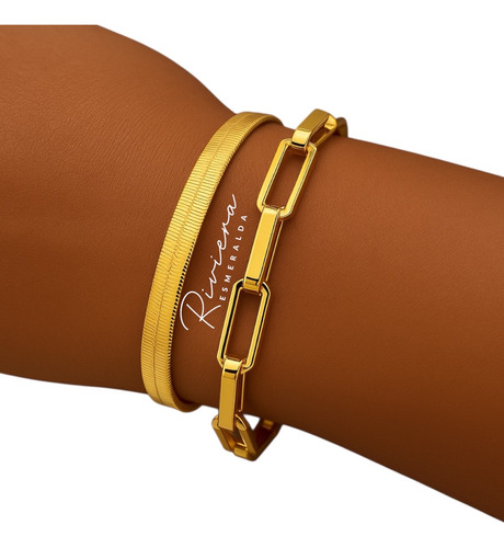 Conjunto 2 Pçs Pulseira Lisa Cadeado Banhada A Ouro 18k Grif