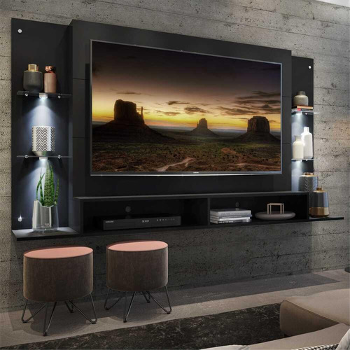 Painel Tv 60 C/ 4 Leds E Prateleiras Vidro Vegas Multimóveis