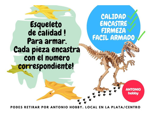 Imagen 2 de 5 de Esqueleto Dinosaurio Velociraptor Madera P Armar 3d La Plata