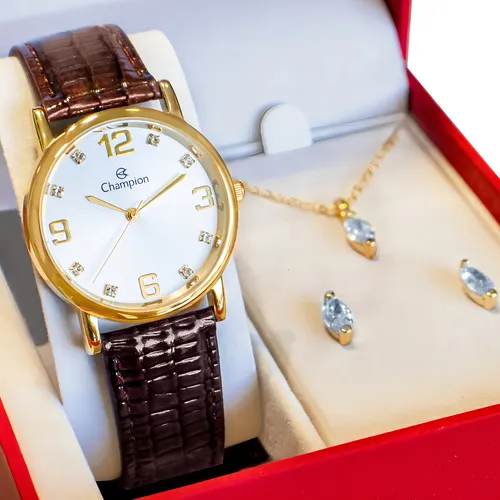 Relógio Feminino Champion Couro Kit Colar E Brincos Cor da correi...