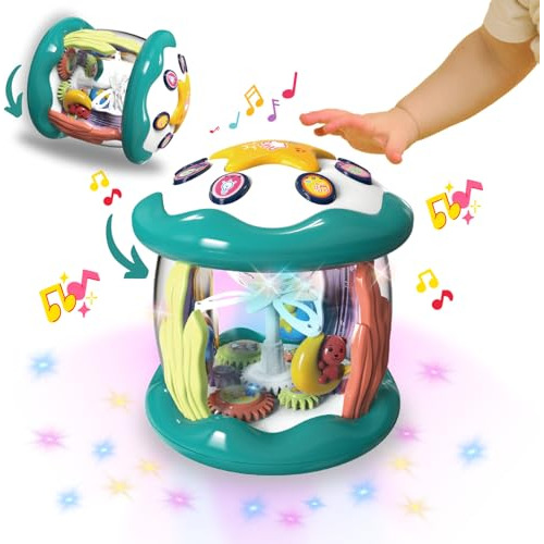 Obsiusfb Musical Light Up Infant Drum Toy, 360° Rotating Nig
