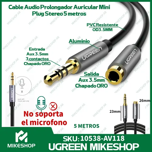 Cable Audio Prolongador Auriculares Mini Plug 3.5mm 5 Metros