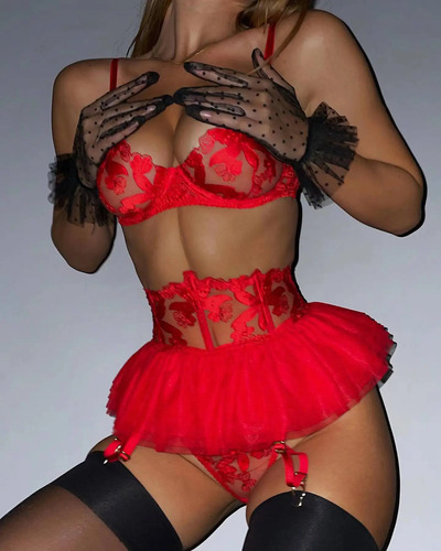 Conjunto De Sujetador De Encaje Con Minifalda, Lencería Sexy