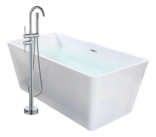 Solana Kit Tina De Baño Blanca Rectangular De Acrílico Slim 150x80x60 Cm + Grifo Independiente Tipo Cuello Cisne Monomando Silver / Kit De Lujo Completo Blanco/silver Para Cuarto De Baño