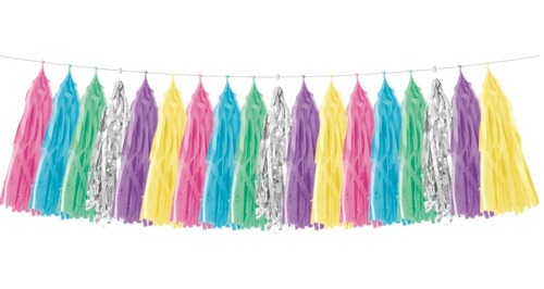 Imagen 1 de 2 de Guirnalda Flecos Borlas Multicolor Pastel Plata Para Armar