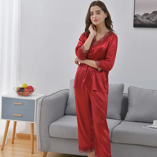 Conjunto De Pijamas Cor De Vinho Com Decote Em V E Roupa De