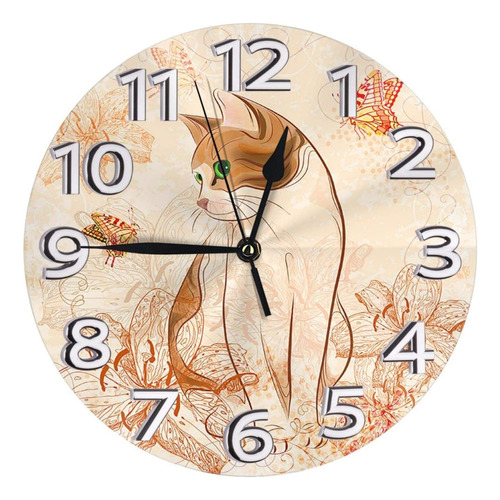 Gato Mariposa Decorativo Redondo Reloj De Pared 9.5 Pul...