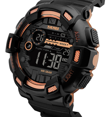 Reloj pulsera Skmei 1243 de cuerpo color negro, digital, para hombre, fondo negro, con correa de poliuretano color negro, dial gris, minutero/segundero gris, bisel color negro, luz celeste y hebilla simple