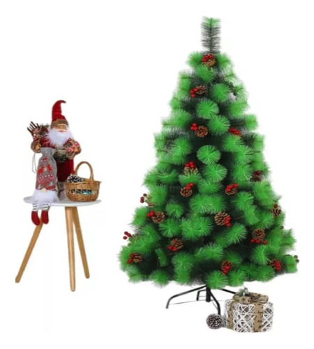 Arbol Navideño Tipo Aguja Color Verde 180cm Con Pinos Rojos