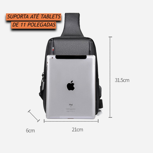 Mochila Transversal Luxo Masculina Para iPad Com Entrada Usb Cor Preto TokShop