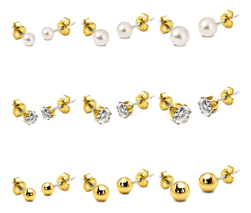 Juego De 9 Pares De Aretes: 4 Mm, 5 Mm, 6 Mm, Oro Y Plata, Y