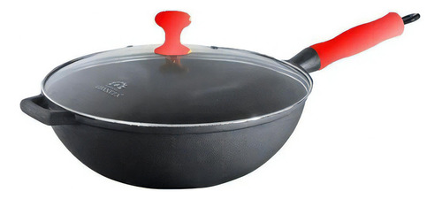 Panela Wok Ferro Fundido Tampa Vidro Cabo Silicone Vermelha