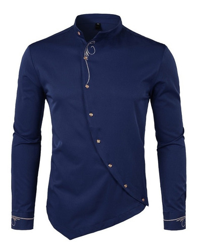 Camisa De Vestir De Manga Larga Con Bordado Oblicuo Con Boto