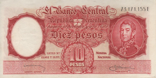 Bottero 1962 Billete De 10 Pesos Moneda Nac. Año 1959 - Xf-