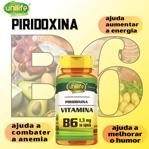 Vitamina B6 Piridoxina Com 60 Cápsulas - Unilife