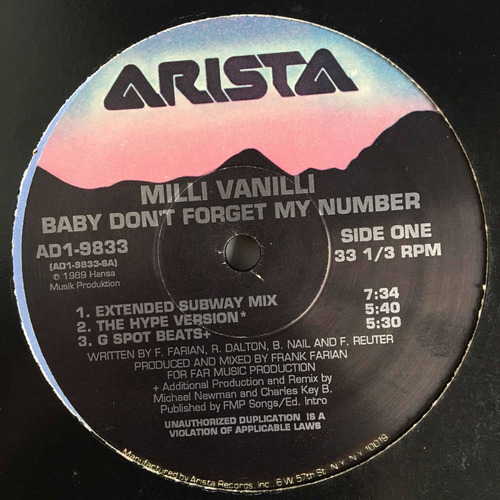 Milli Vanilli - Baby Don't Forget My Number - 12'' Single Us