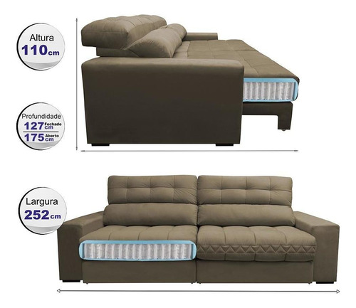 Sofá Retrátil Recli Pocket Cama Inbox Master 2,52m Castor