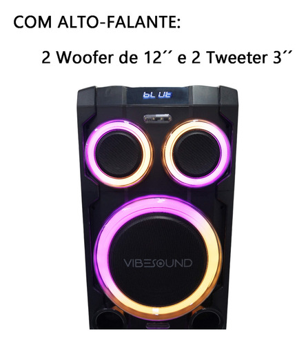 Caja de sonido potente torre 2500W RMS portátil Bluetooth FM USB 127/220V Vibe Sound VS007 V12 Tower