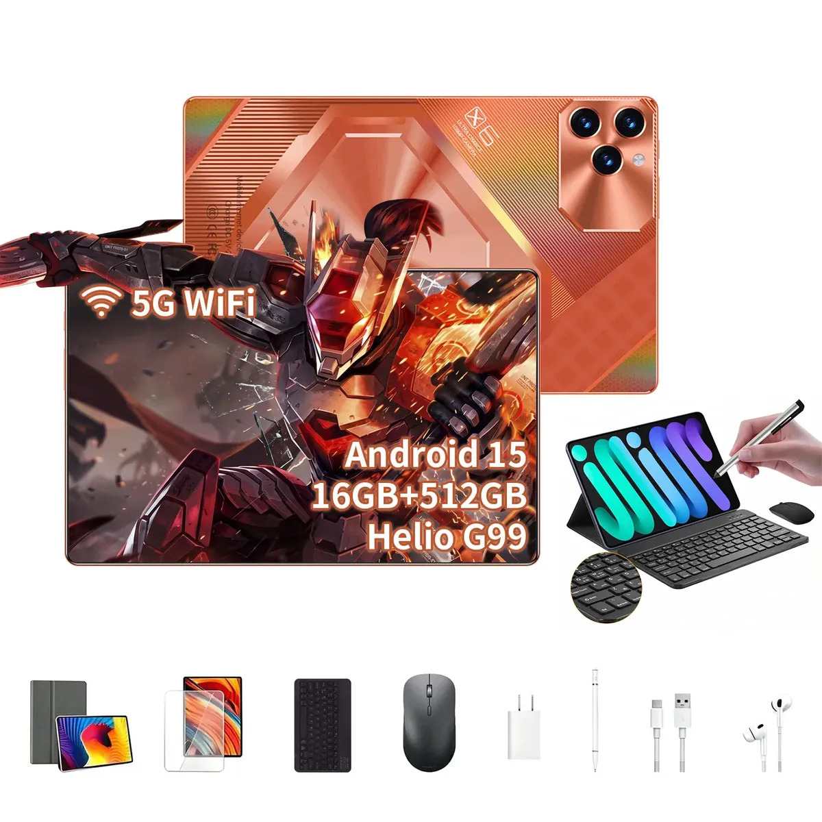 Tablet Android Pad 6 Pro 512GB e 16GB RAM Helio G99 Tela 11.6 Bateria 8800mAh Android 15 Com Caneta Teclado e Mouse tablet-barato Ideal para jogos e trabalho Laranja