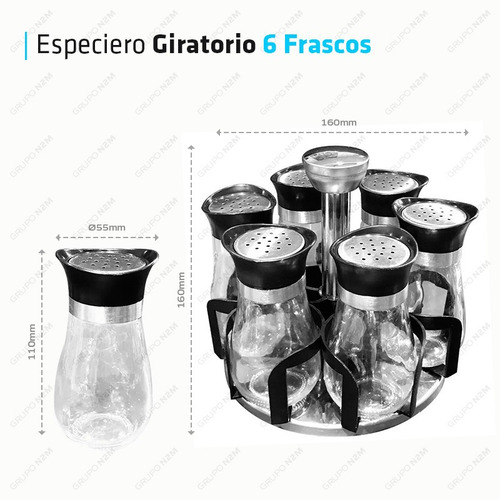 Imagen 5 de 10 de Set Condimentero Especiero Giratorio 6 Frascos Vidrio Acero