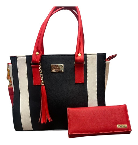 Set De Bolsa Y Cartera Color Rojo,crema Y Azul Marino.