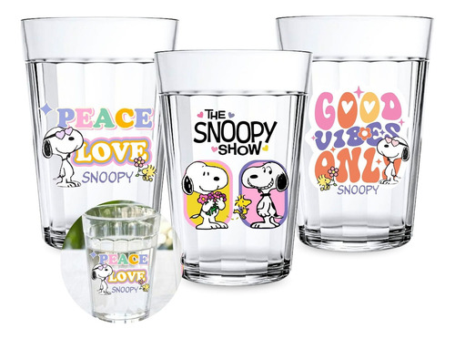 Jogo 3 Copos Americanos Personalizado Snoopy Peanuts Fofo Cor Transparente