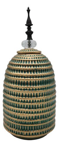Jarron Florero Ceramica Decorativo Verde Con Dorado Egipcio