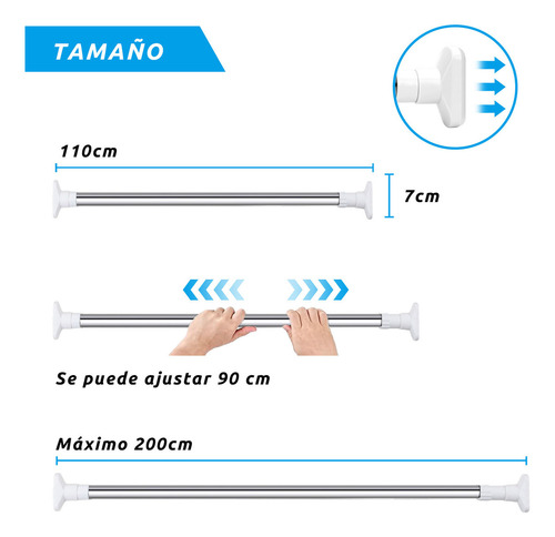 Tubo barra ajustable cortina baño expandible de 110-200 Cm