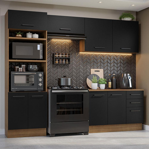 Armário De Cozinha Completa 270cm Madesa Agata 07 Rp Cor Rustic/Preto