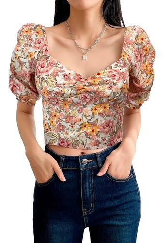 Blusa De Manga Corta Y Cuello Corazón Con Resorte Smok Atrás