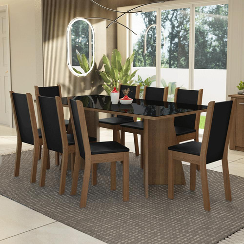 Sala jantar mesa tampo MDJA080007D8PT vidro 8 cadeiras cor rustic e preto