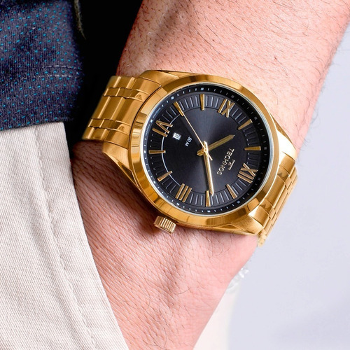 Relógio Technos Masculino Aço Dourado Preto Original