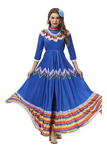 Vestido Mexicano De Cinco De Mayo Para Mujer, Traje De Fiesta Folclórica Mexicana Azul