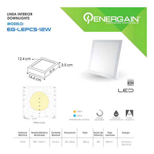 Lámpara De Techo Led Energain De 12 Watts Luz Fría Color Blanco