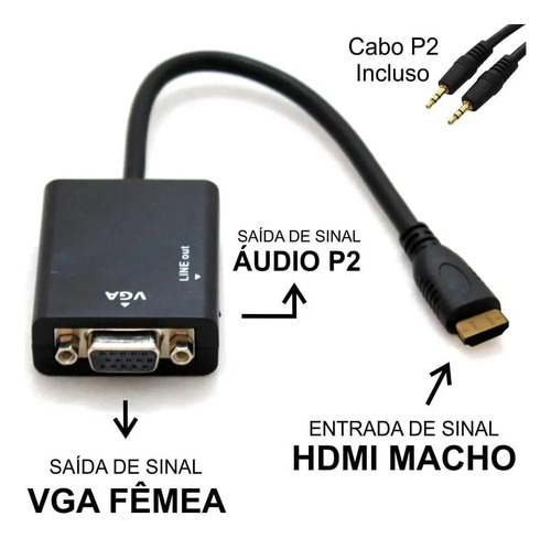 Cabo Conversor De Vídeo Hdmi Para Vga Com Saída De Áudio