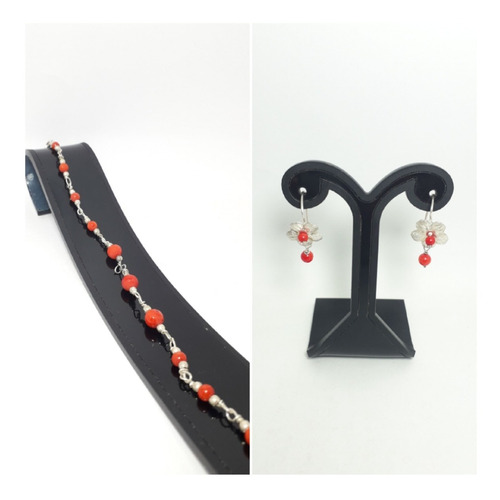 Cojunto De Aretes Y Pulsera Con Coral - Plata .925