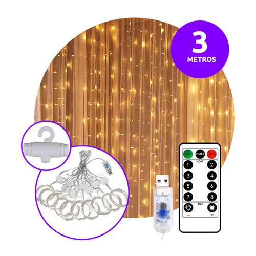 Cortina Led 3x3 mts 300 Luces 10 Tiras Lluvia Usb Alambre Control Efectos Decoraciones Navideñas