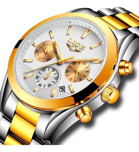 Reloj Análogo Cronógrafo En Acero Plateado Oro Blanco Lige
