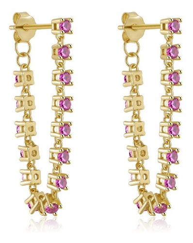 Aretes De Plata 925 Oro 18k Rojo Zirconias Cadena Mujer