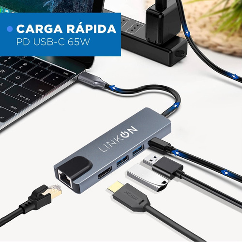 Imagen 3 de 11 de Hub Adaptador Usb Tipo C 5 En 1 Linkon Rj45 Para Mac Windows
