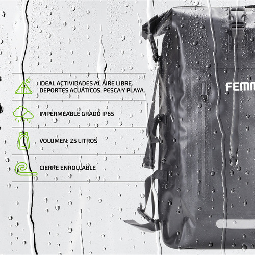 Imagen 2 de 9 de Mochila Estanco De Aire Libre 25 Lts Femmto Mochilero Viaje Color Negro