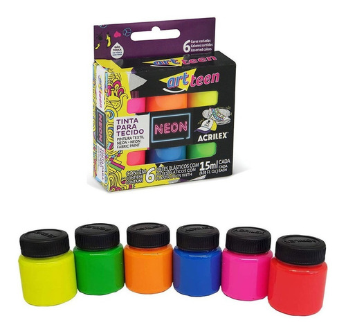 Tinta Para Tecido Neon 6 Potes 15 Ml 04006acrilex